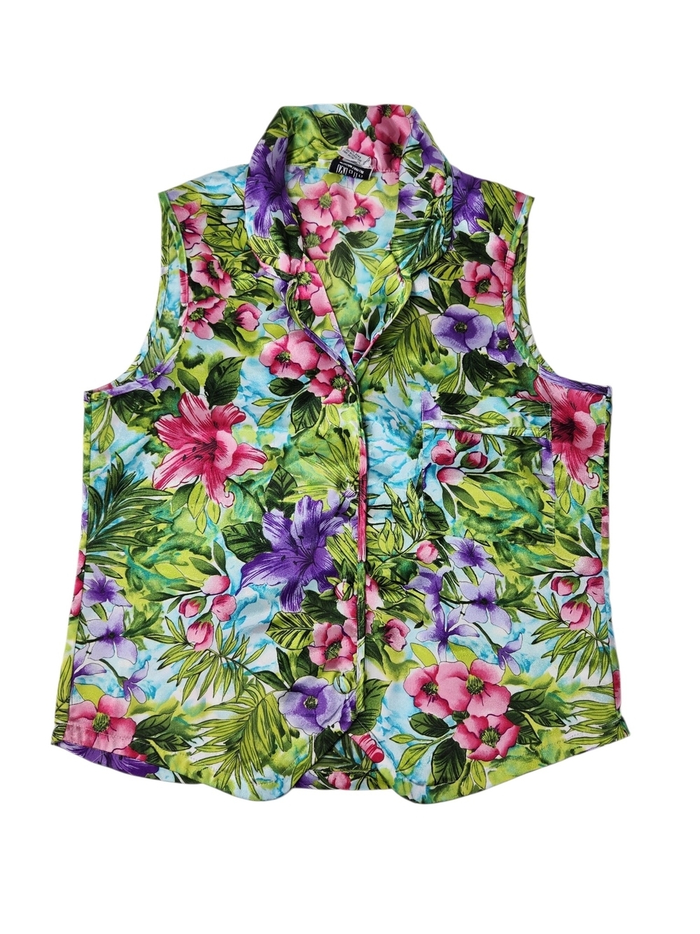 Vintage Morgan Taylor Floral Pajama Top Sleeveless Satin Pajamas Size Small Y2K